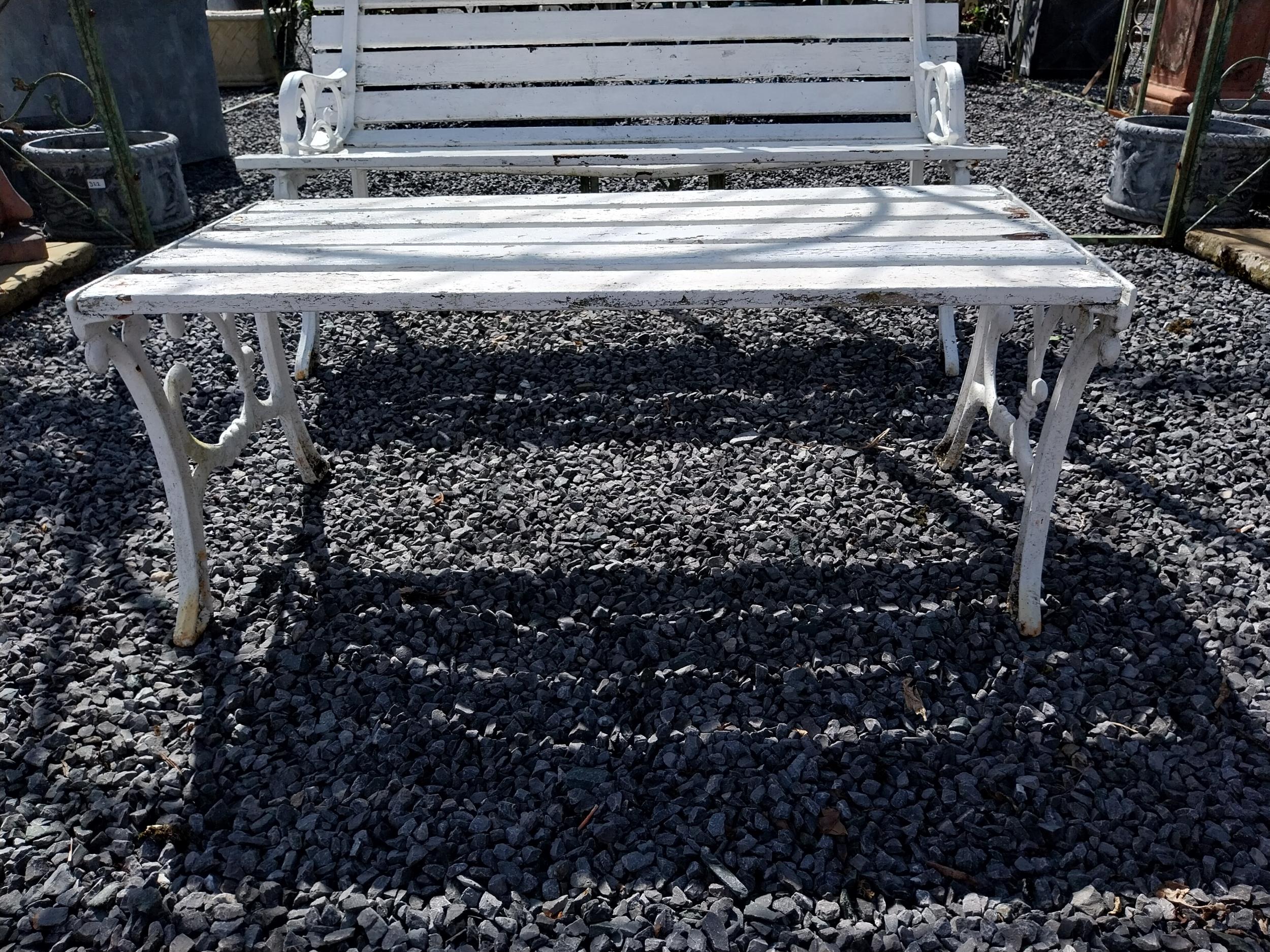 Cast iron garden bench with wooden slats and matching coffee table {Bench 67 cm H x 155 cm W x 55 cm - Image 7 of 11