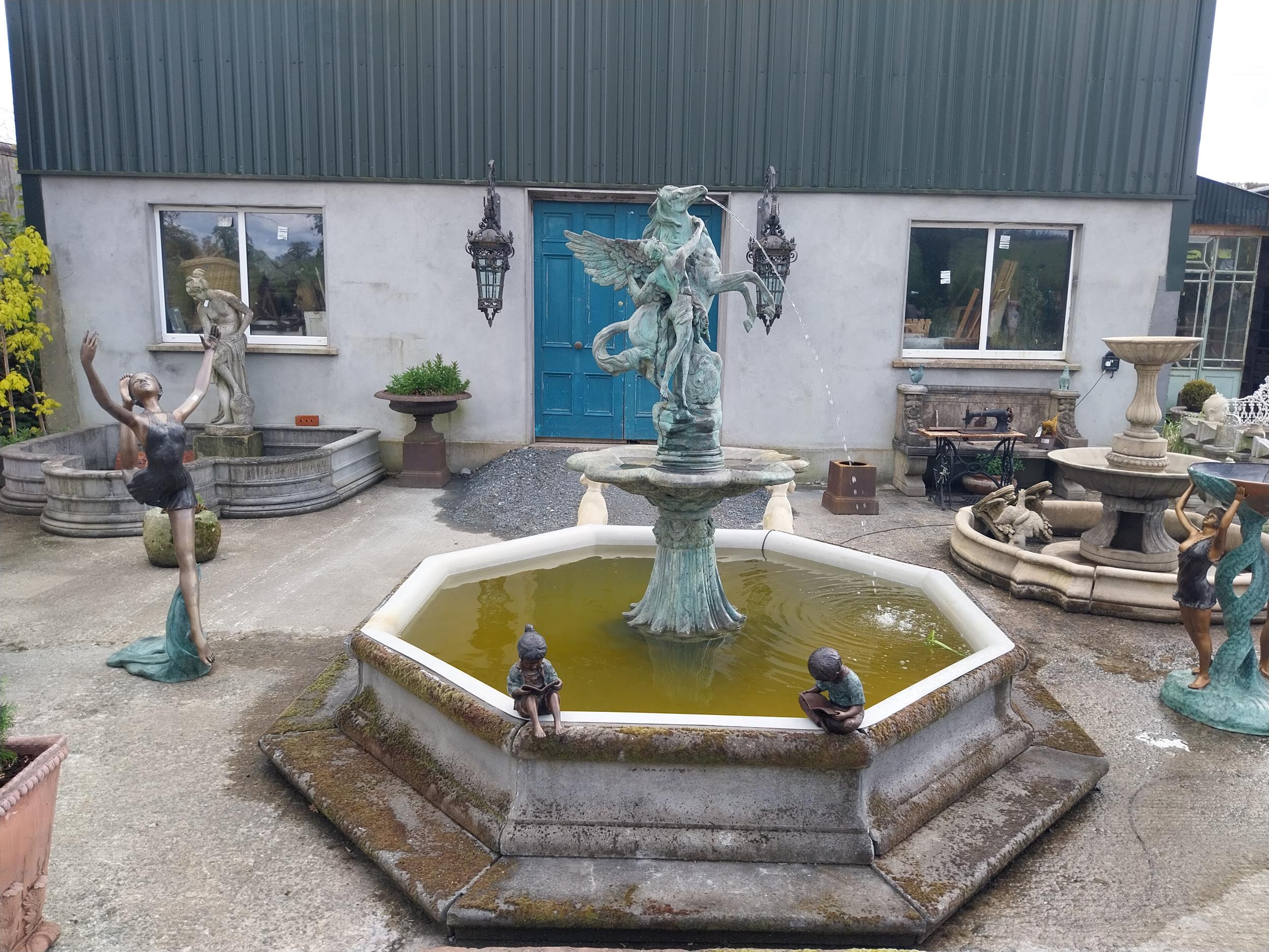 Exceptional quality bronze fountain depicting Mercury mounted Pegasus complete with moulded stone