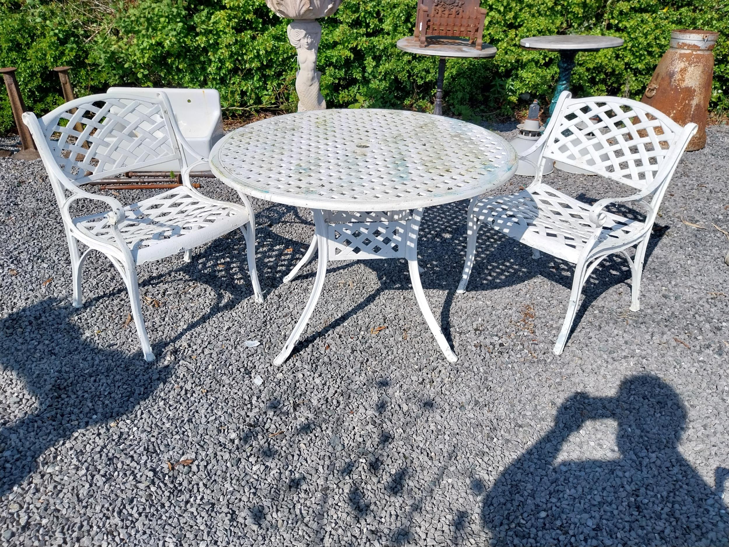 Cast aluminium garden table with two matching armchairs {Tbl. 76 cm H x 160 cm Dia. and Chairs 81 cm