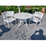 Cast aluminium garden table with two matching armchairs {Tbl. 76 cm H x 160 cm Dia. and Chairs 81 cm