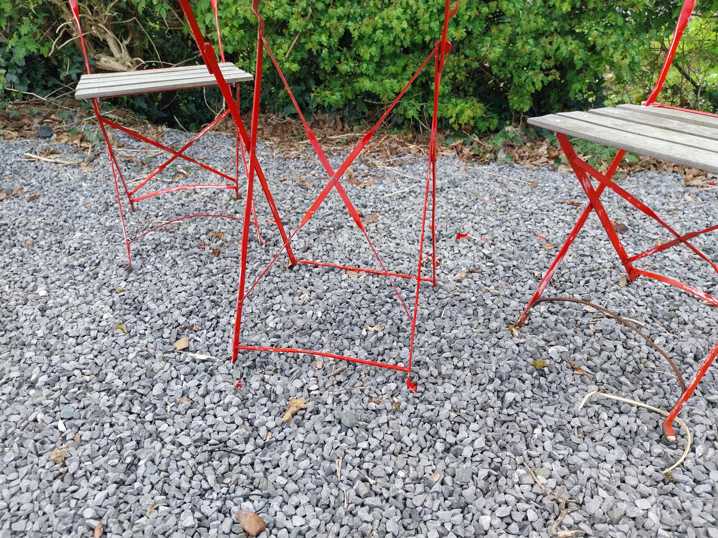 Metal and wooden garden table with two matching chairs {Tbl. 71 cm H x 60 cm Dia. and 82 cm H x 38 - Image 3 of 3