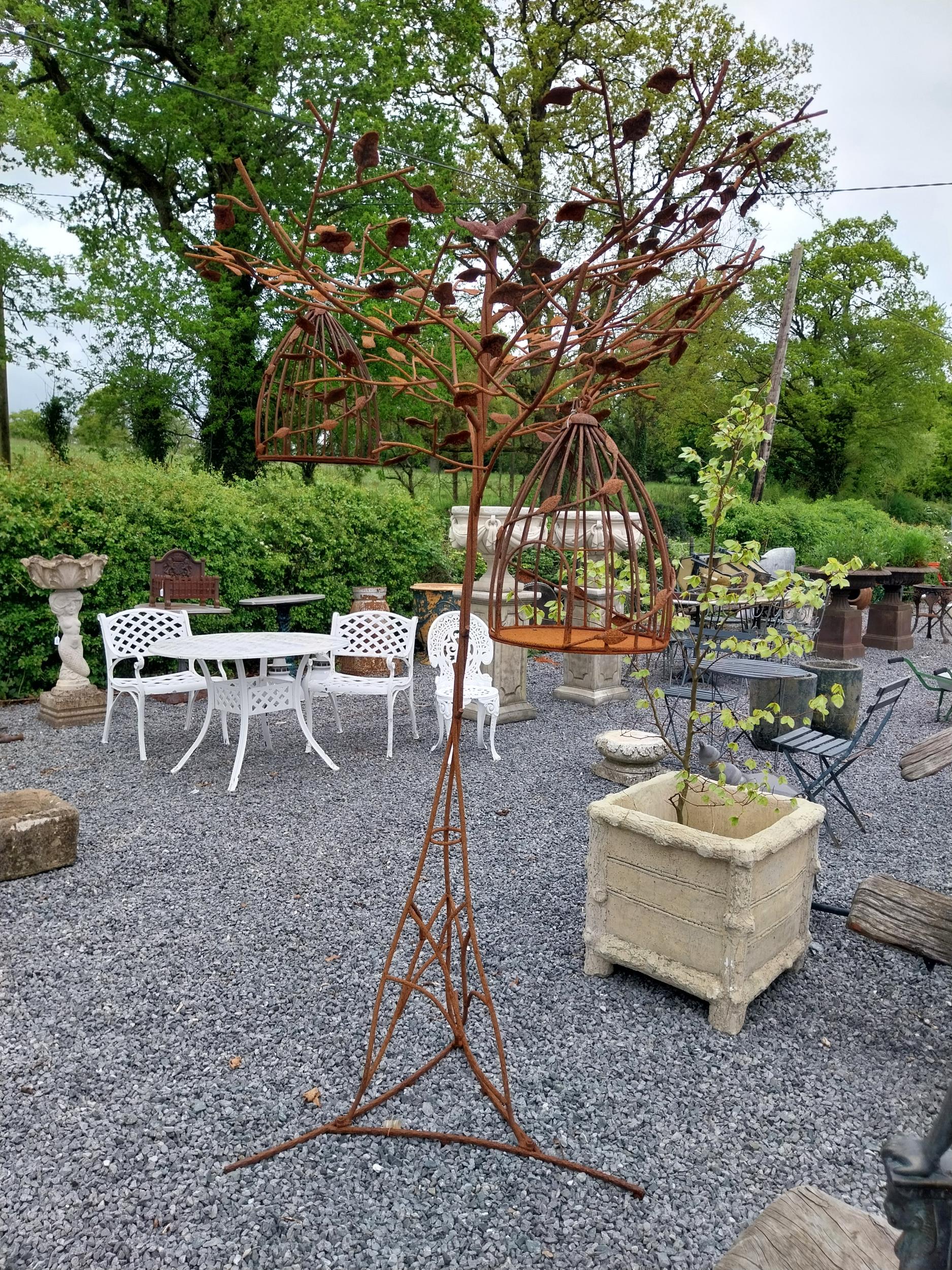 Decorative wrought iron bird feeder in the form of a tree and two hanging bird cages {224 cm H x 135 - Image 3 of 13