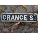 Cast iron Street sign Crance St {H 18cm x W 71cm }. (NOT AVAILABLE TO VIEW IN PERSON)