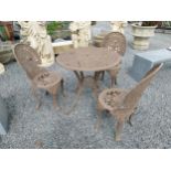 Cast aluminium garden table with three matching chairs {Tbl. 71 cm H x 75 cm Dia. and Chairs 86 cm H