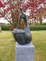 Exceptional quality contemporary bronze sculpture 'The Crouching Lady' raised on slate plinth {