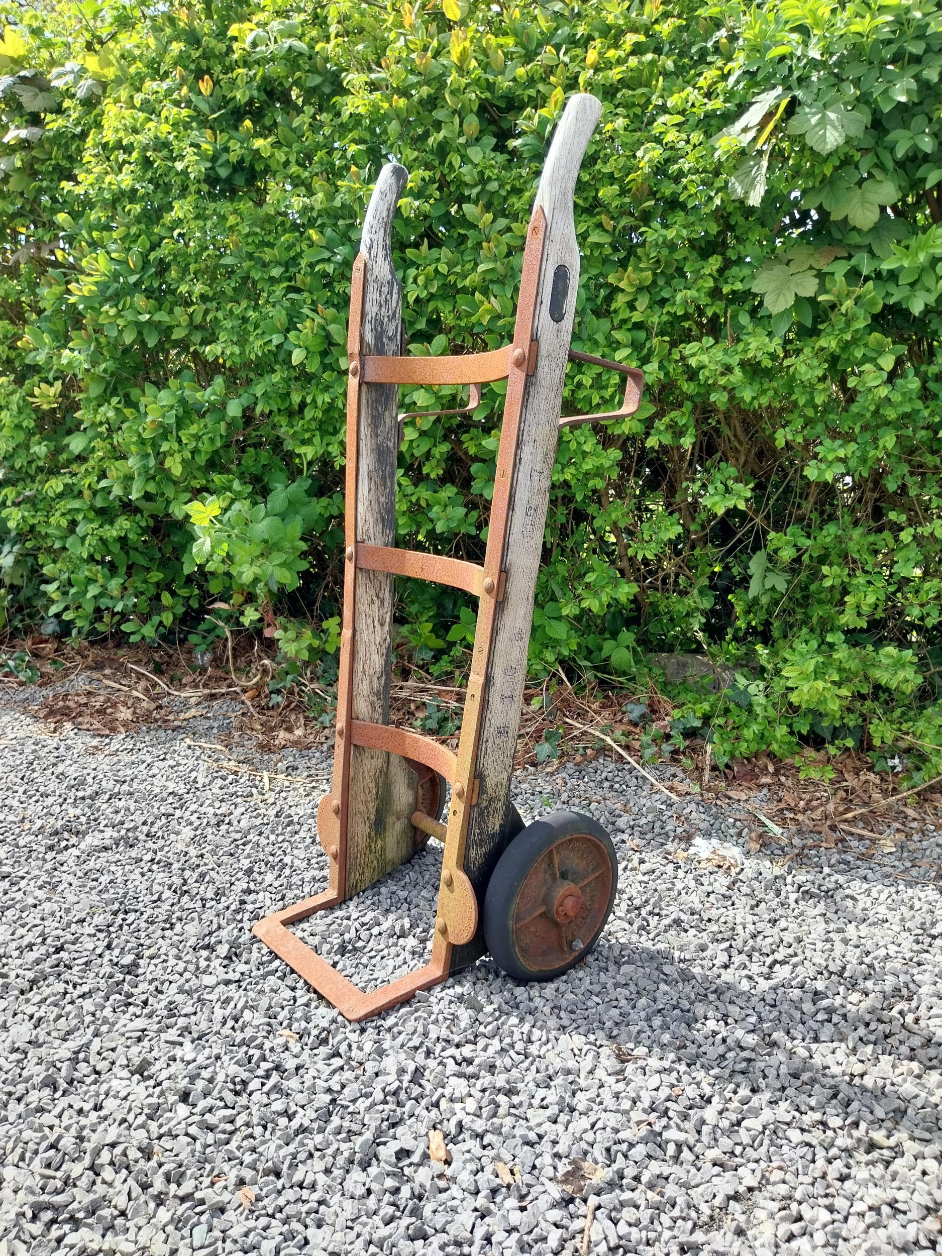 Early 20th C. wrought iron and wooden sack barrow {114 cm H x 44 cm W x 44 cm D}. - Image 2 of 5