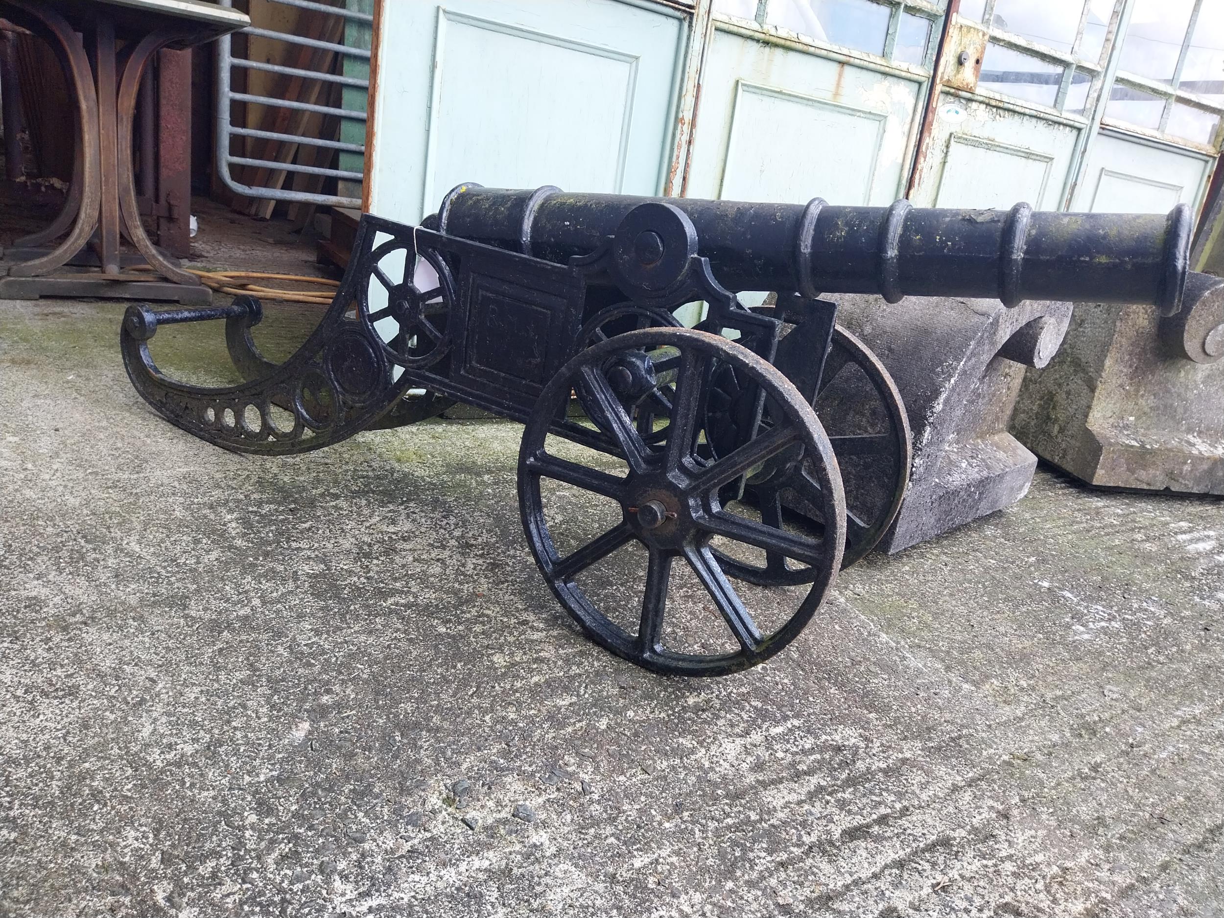 Pair of decorative cast iron cannons in the Victorian style {71 cm H x 42 cm W x 160 cm D}. - Image 4 of 6