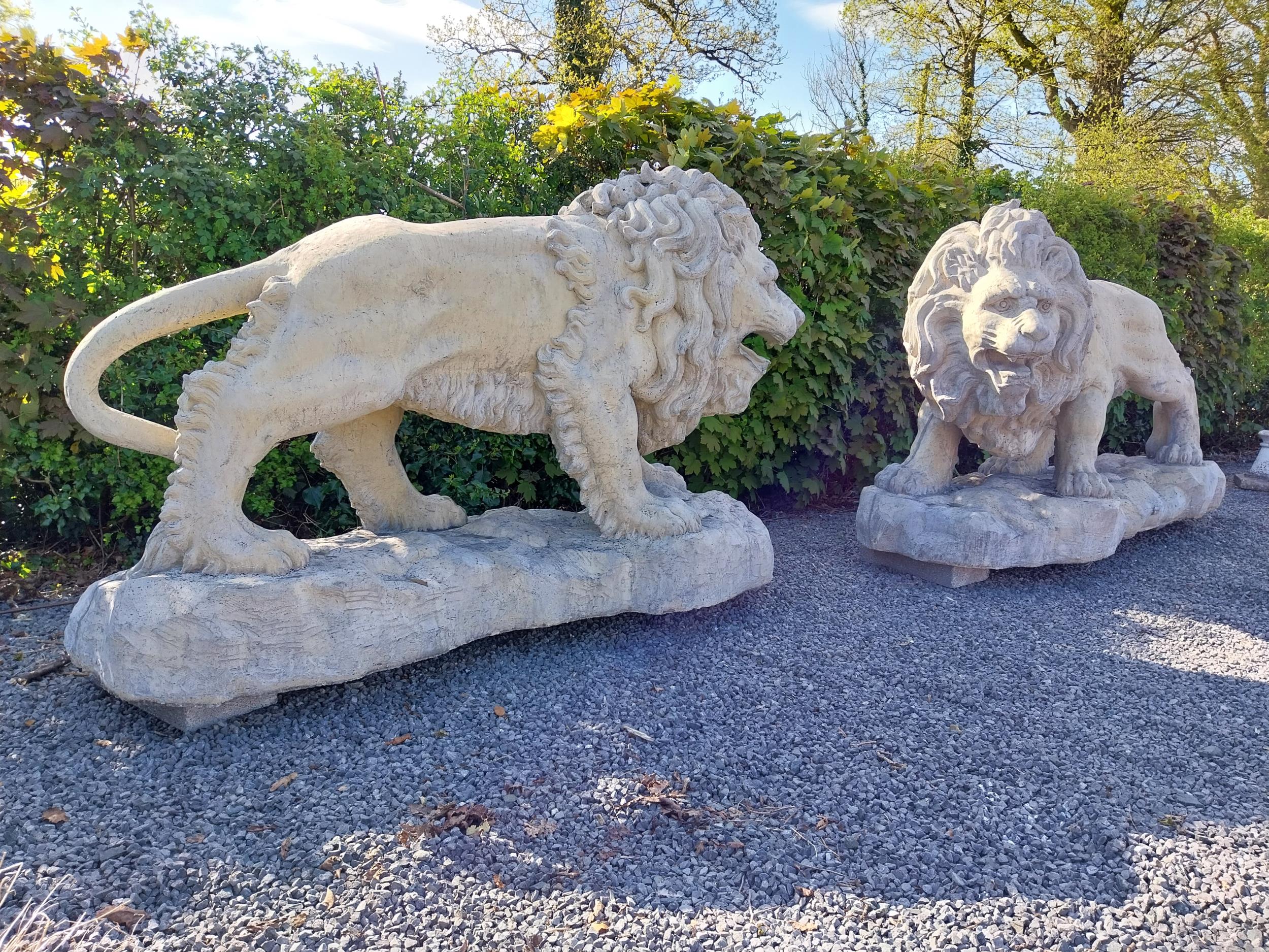 Pair of exceptional quality moulded sandstone majestic Lions {132 cm H x 210 cm W x 80 cm D}. - Image 2 of 16