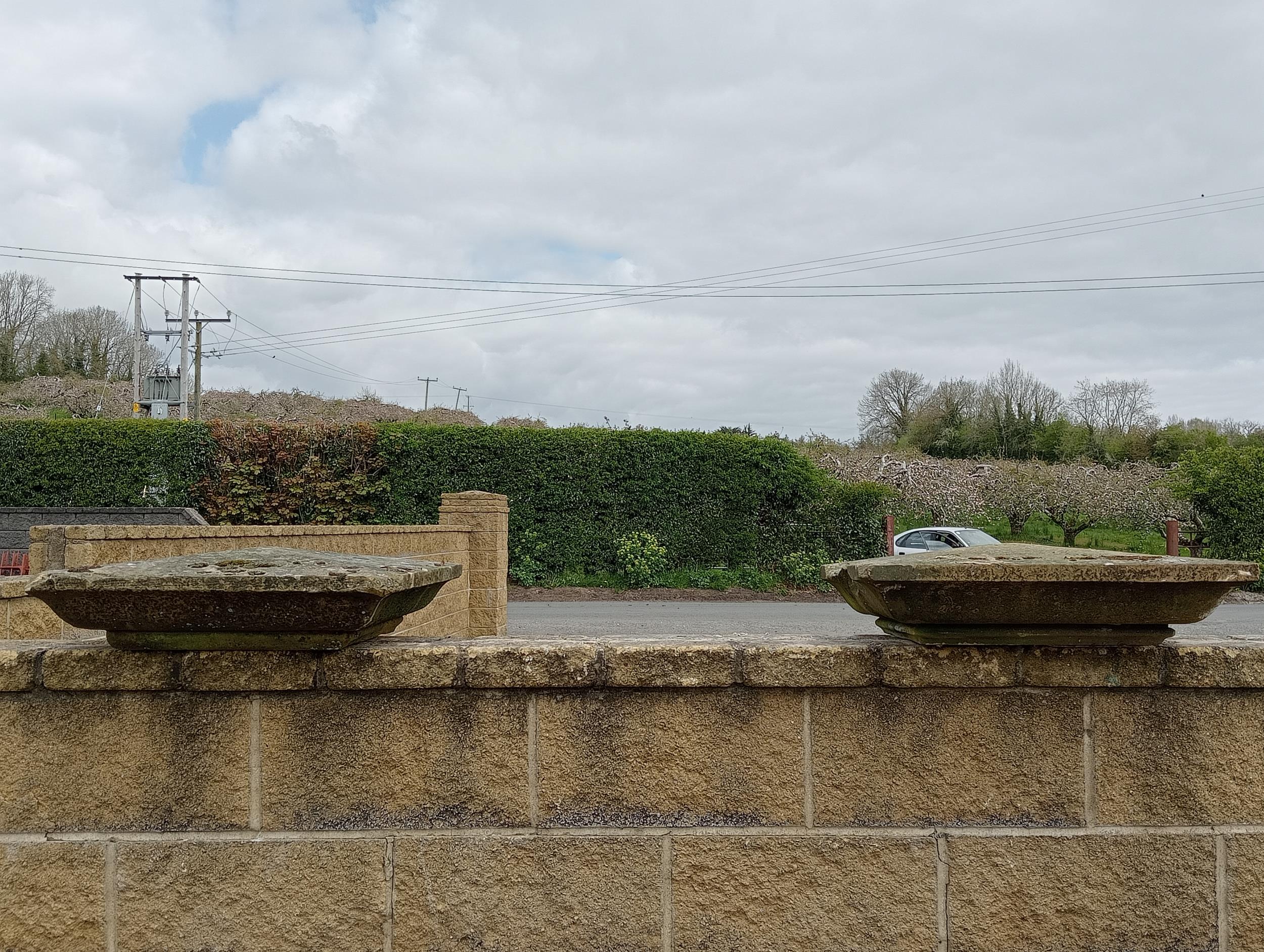 Pair of composition stone pier caps {H 10cm x 58 x 58}. (NOT AVAILABLE TO VIEW IN PERSON)