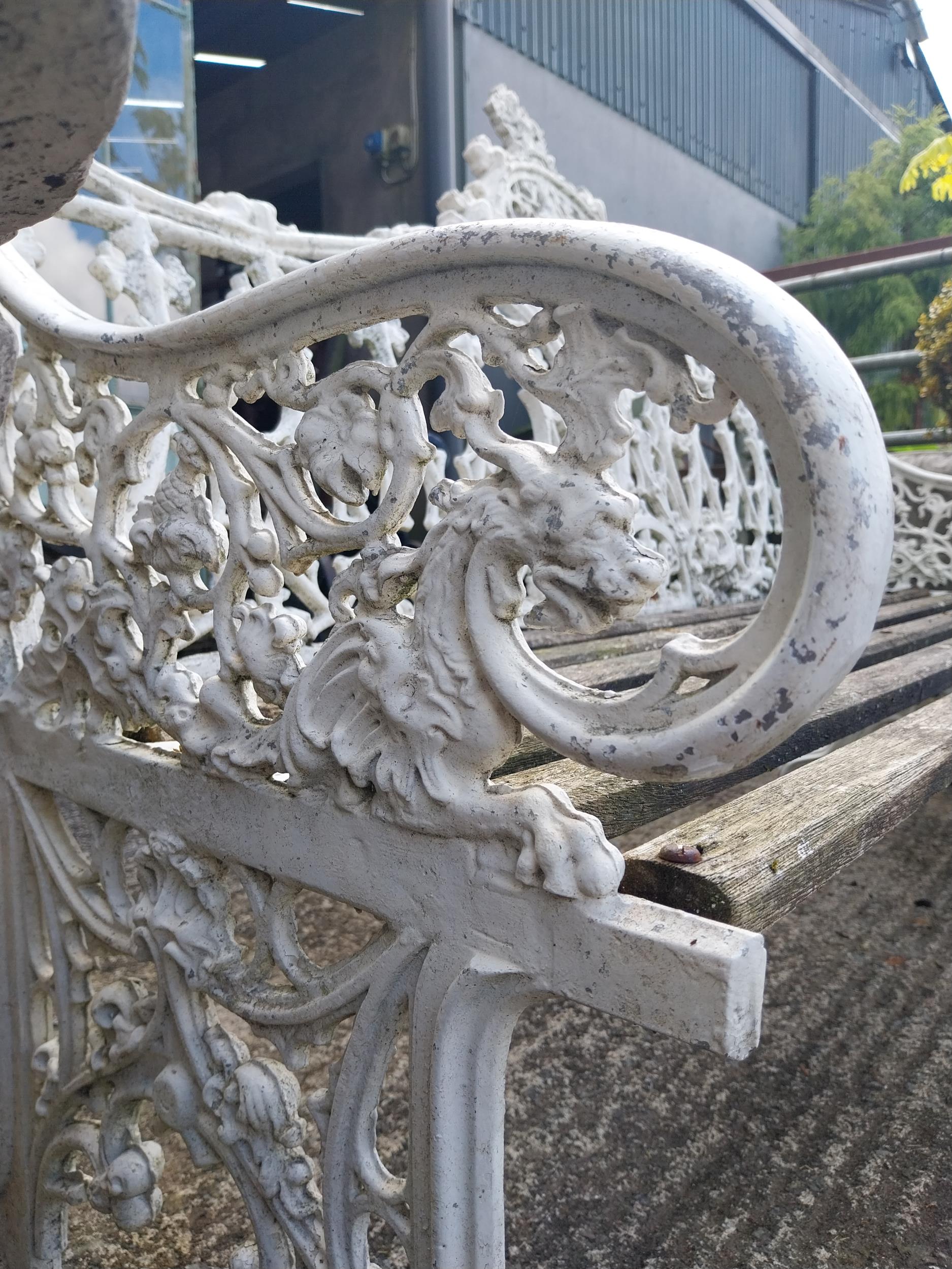 Decorative cast alloy garden bench in the Victorian style {99 cm H x 150 cm W x 68 cm D}. - Image 5 of 8