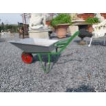 Galvanised metal child's wheel barrow {39 cm H x 57 cm W x 93 cm D}. (NOT AVAILABLE TO VIEW IN