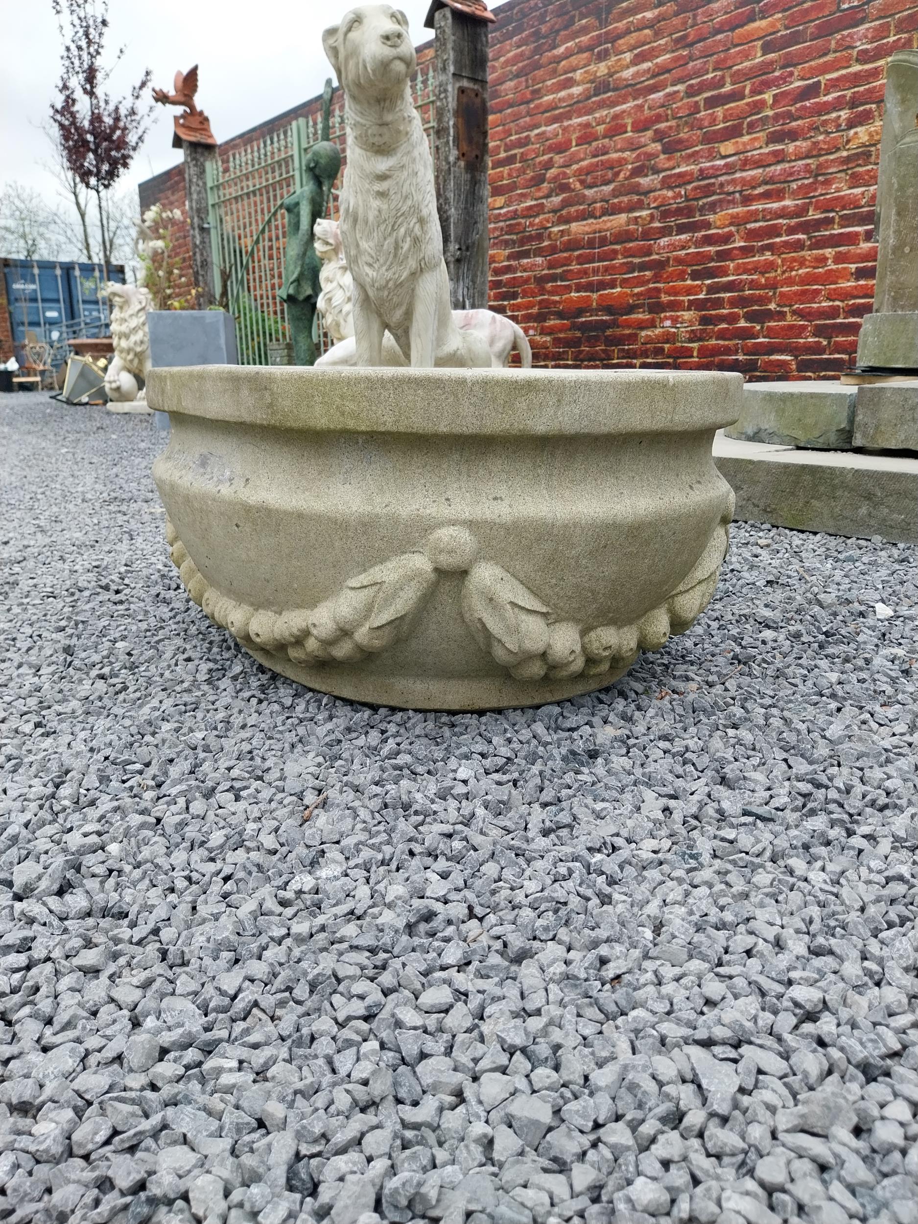 Good quality carved sandstone planter decorated with swags {37 cm H x 80 cm W x 61 cm D}. - Image 4 of 7