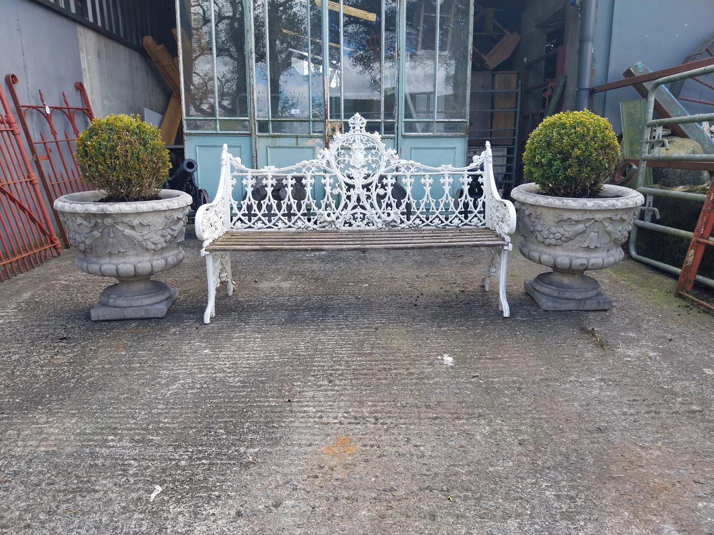 Decorative cast alloy garden bench in the Victorian style {99 cm H x 150 cm W x 68 cm D}. - Image 7 of 8