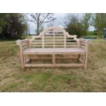 Good quality teak three seater Lutyens garden bench {106 cm H x 161 cm W x 57 cm D}.