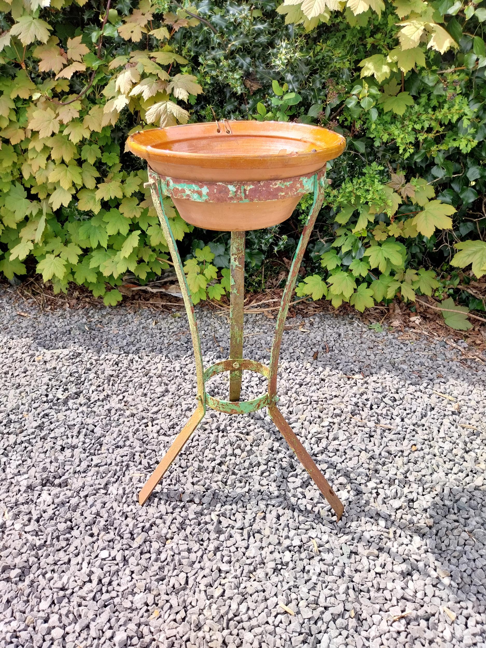 Glazed terracotta bowl raised on metal stand {72 cm H x 52 cm Dia.}. - Image 2 of 5
