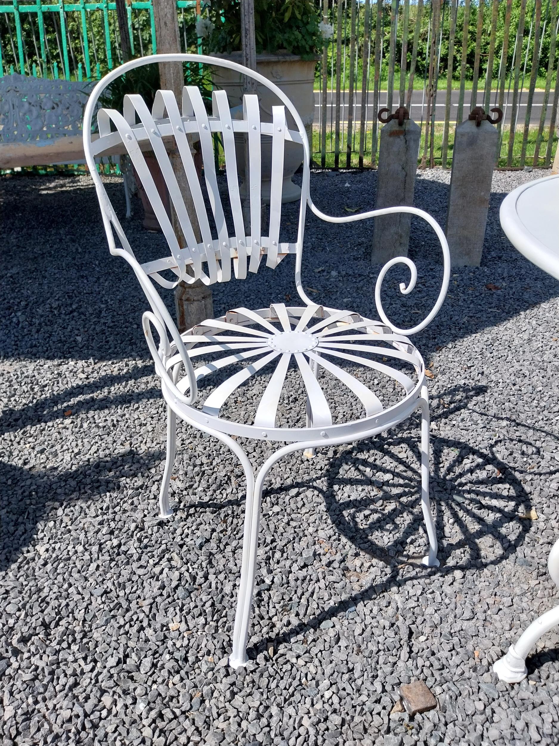 Exceptional quality hand forged wrought iron Arras style circular garden table and two matching - Image 2 of 4