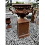19th C. glazed stoneware Warwick urns on pedestal {86cm H x 60cm Dia.}
