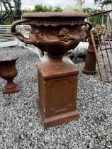 19th C. glazed stoneware Warwick urns on pedestal {86cm H x 60cm Dia.}