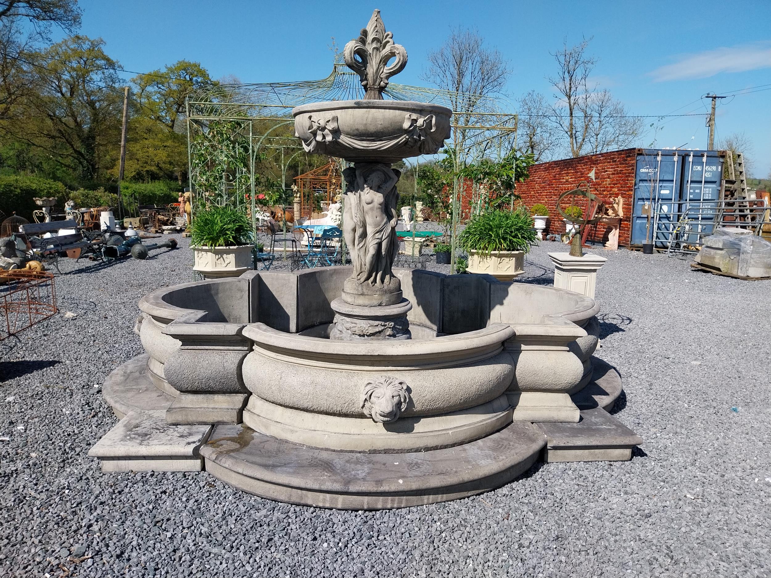 Good quality moulded sandstone fountain decorated with Grecian Lady and Lions mask {250 cm H x 350