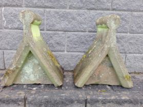 Pair of sandstone rolltop pillar caps-tops {H 61cm x W 50cm x D 30cm }. (NOT AVAILABLE TO VIEW IN