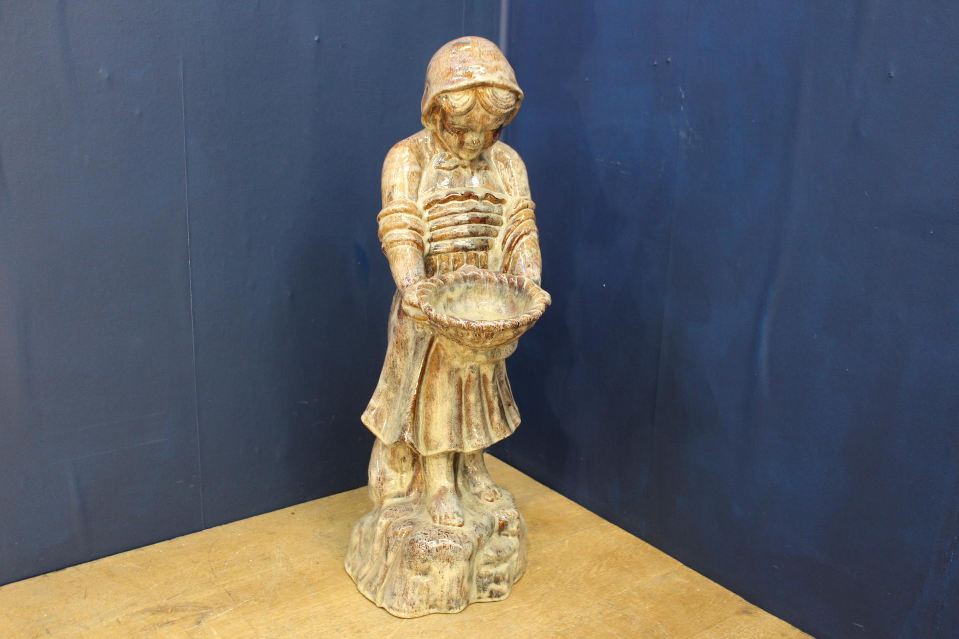 Salt glazed statue of a Girl holding bowl {H 90cm x W 31cm x D 36cm }. (NOT AVAILABLE TO VIEW IN