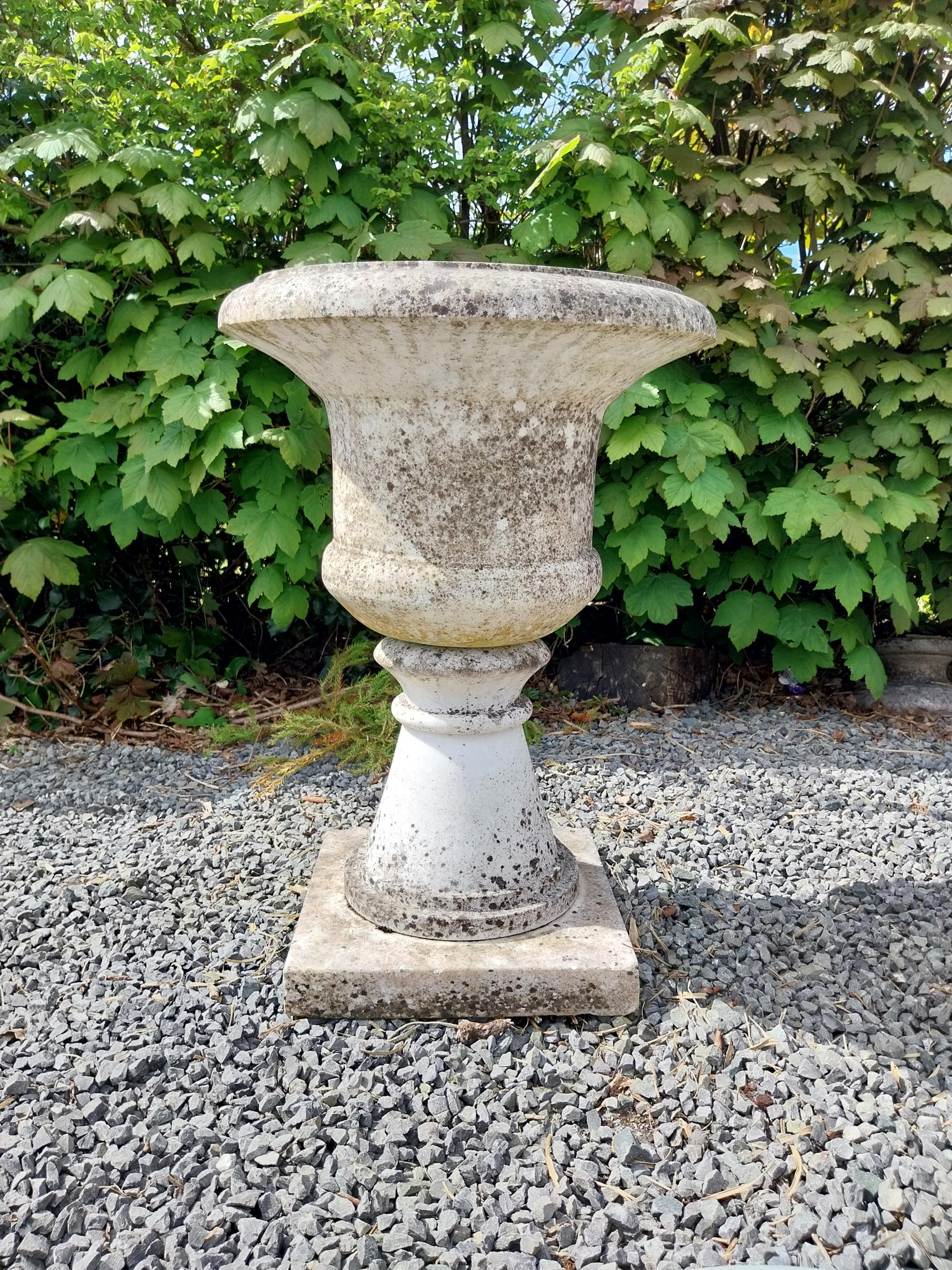 Victorian carved Carrara marble urn on pedestal {72 cm H x 49 cm Dia.}.