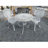 1950s cast aluminium garden table with two matching chairs {Tbl. 62 cm H x 68 cm Dia. and Chairs