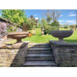 Pair of good quality hand carved limestone urns in the Georgian style {48 cm H x 80 cm Dia.}.