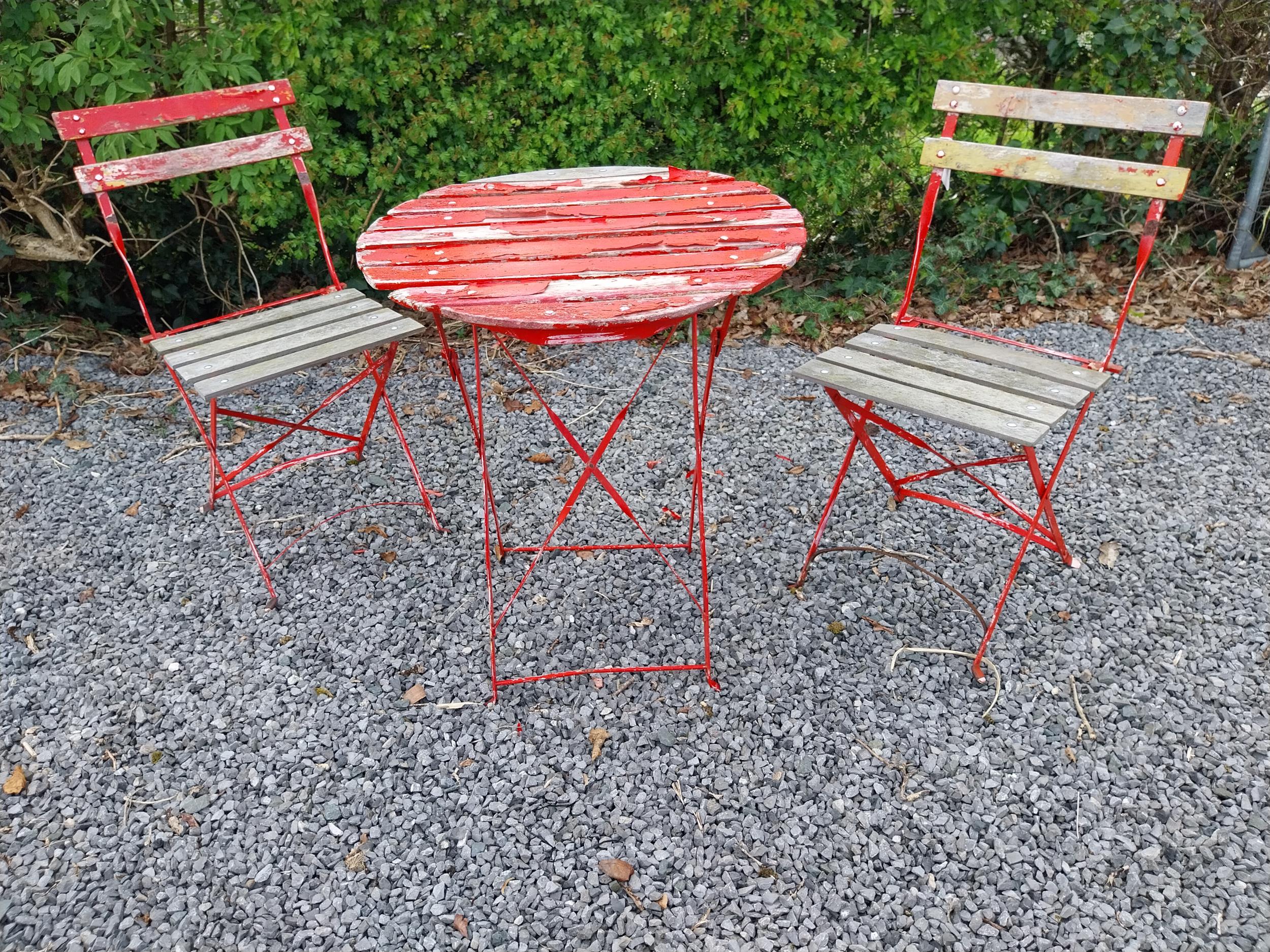 Metal and wooden garden table with two matching chairs {Tbl. 71 cm H x 60 cm Dia. and 82 cm H x 38