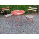 Metal and wooden garden table with two matching chairs {Tbl. 71 cm H x 60 cm Dia. and 82 cm H x 38