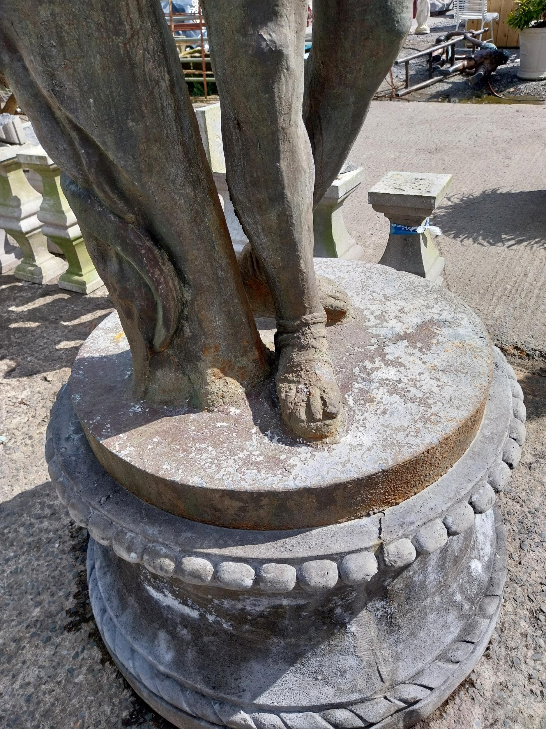 Good quality cast iron life-size statue of Apollo Belvedere raised on composition pedestal {233 cm H - Image 4 of 7