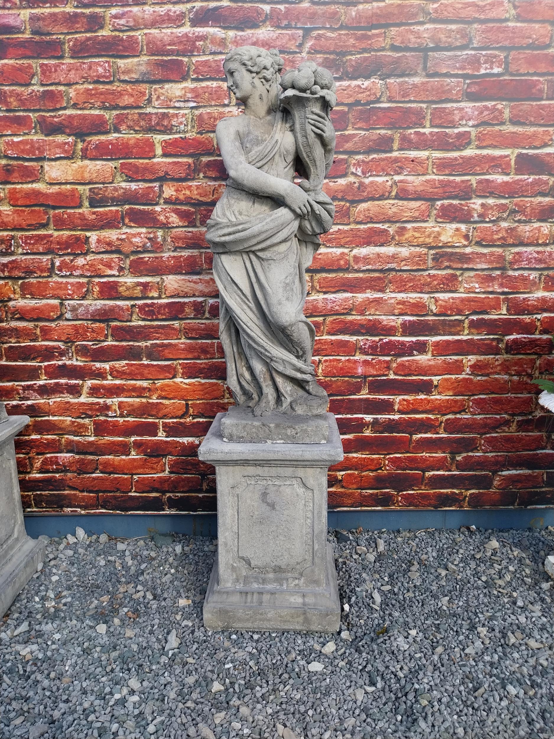 Good quality moulded sandstone Four Seasons statues raised on pedestals {189 cm H x 47 cm W x 47 - Image 3 of 26