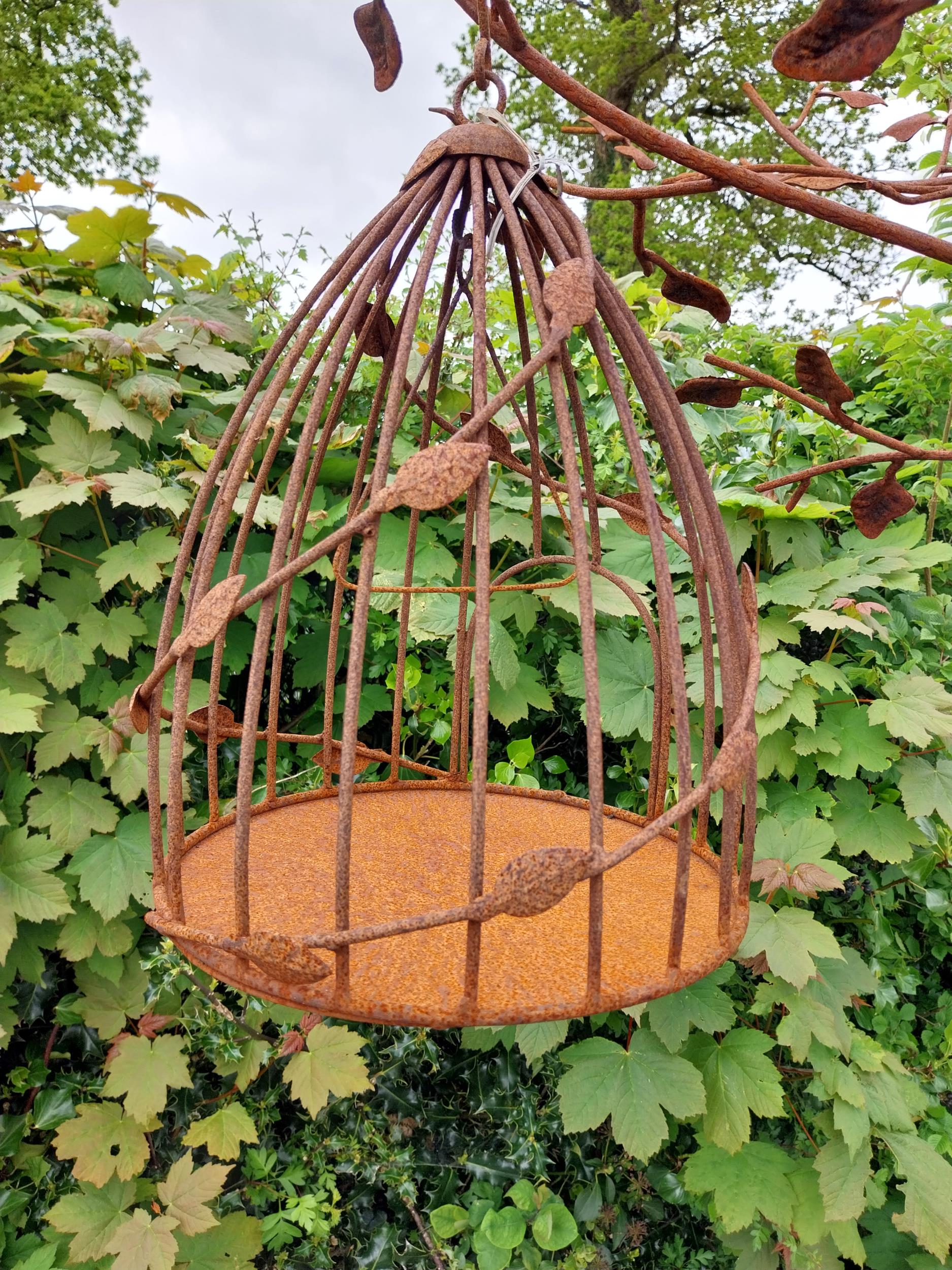 Decorative wrought iron bird feeder in the form of a tree and two hanging bird cages {224 cm H x 135 - Image 8 of 12