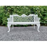 Decorative French cast iron three seater garden bench {95 cm H x 158 cm W X 44 cm D}.