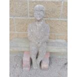 Stone statue of a Boy sitting {H 70cm x W 26cm x D 30cm }. (NOT AVAILABLE TO VIEW IN PERSON)