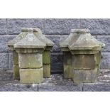 Pair of sandstone gate tops {H 56cm x W 50cm x D 46cm }. (NOT AVAILABLE TO VIEW IN PERSON)