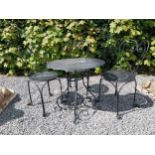 Wrought iron garden table with three matching chairs {Tbl. 65 cm H x 65 cm Dia. and Chairs 82 cm H x