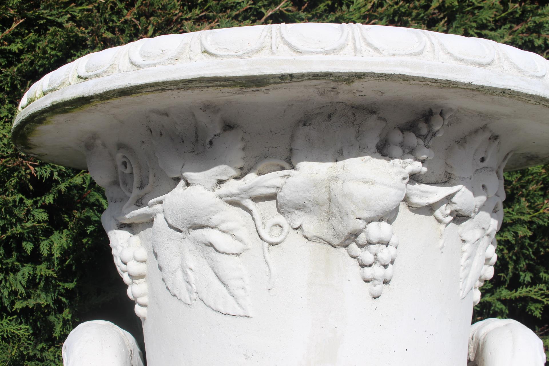 Pair of composition urns raised on pedestals {H183cm x W60cm x D60cm }. (NOT AVAILABLE TO VIEW IN - Image 2 of 4