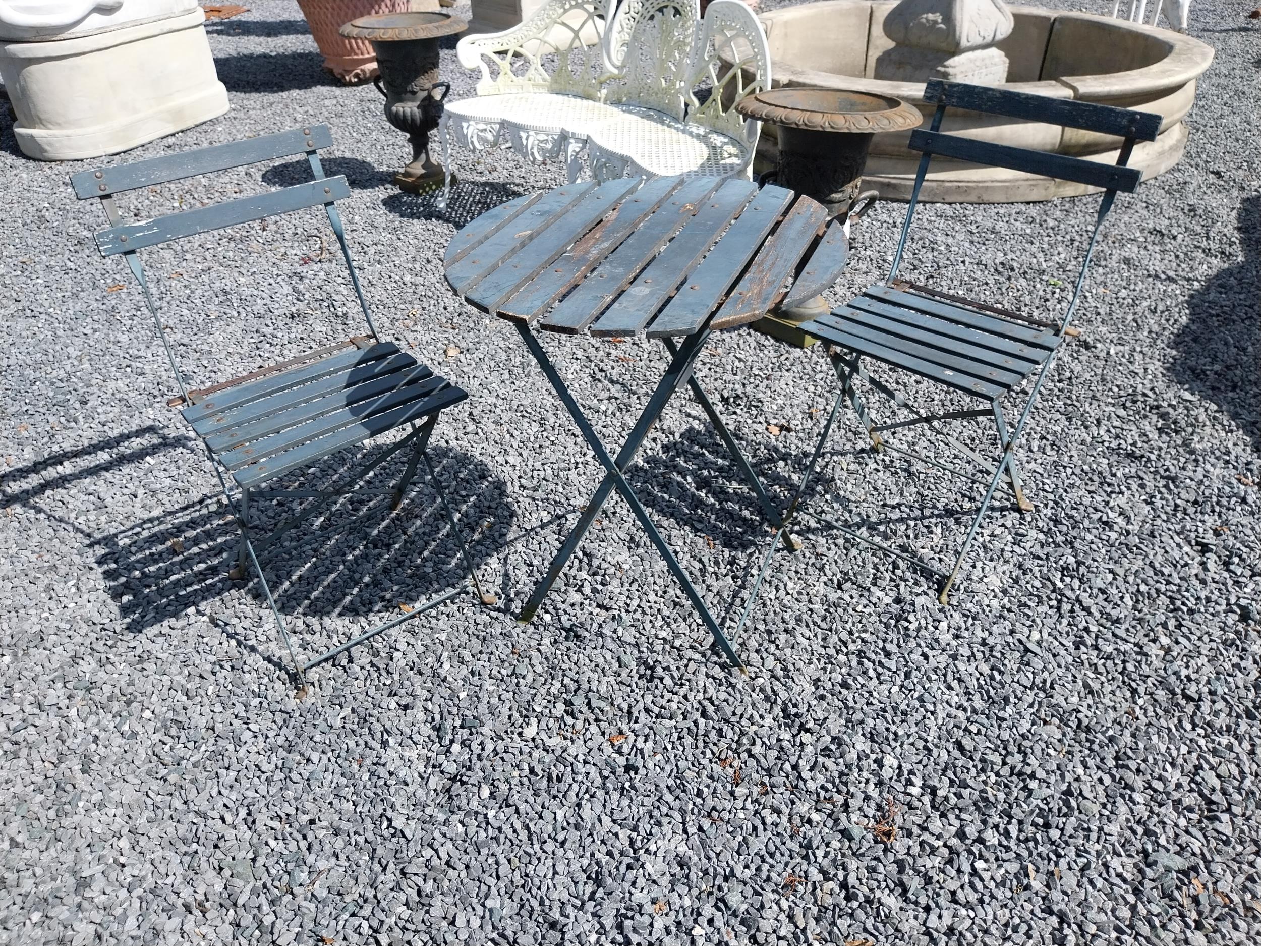 Wooden and metal garden table with two matching chairs {Tbl. 71 cm H x 60 cm Dia. and Chairs 80 cm H