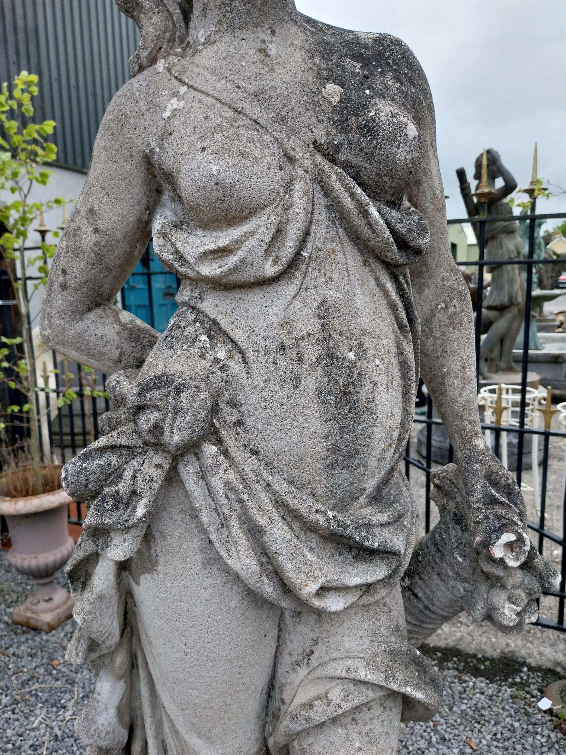 Early 20th C. moulded stone statue of a Grecian lady {117 cm H x 43 cm W x 27 cm D}. - Image 12 of 13