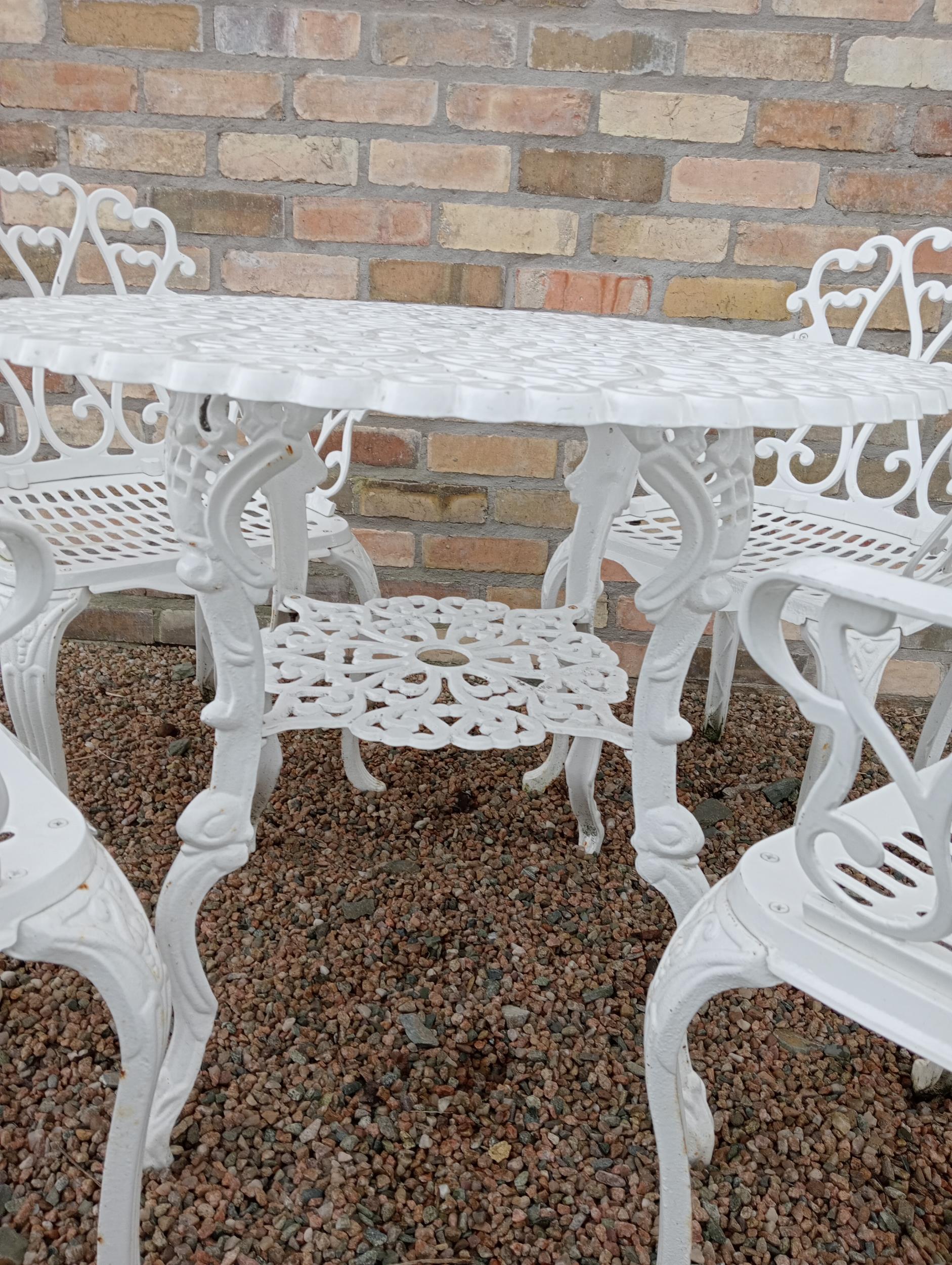 Cast aluminium white garden table four armchairs {Chairs H 80cm x W 58cm x D 50cm Table H 69cm x Dia - Image 2 of 6