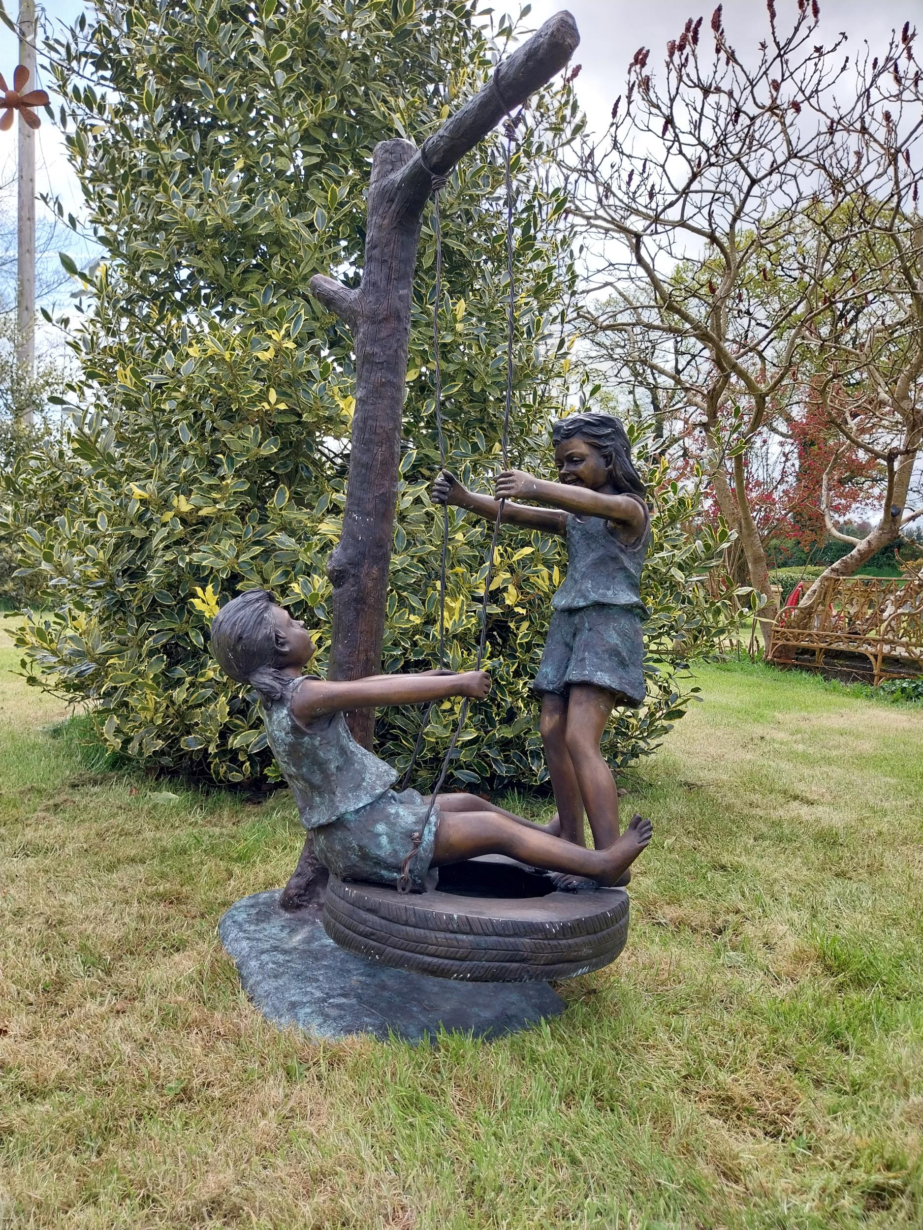 Exceptional quality bronze sculpture of Girls on swing {140 cm H x 65 cm W x 71 cm D}. - Image 2 of 6