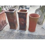 Three early 20th C. stoneware planters {Two: 70cm H x 28cm W x 28cm D and One: 60cm H x 30cm Dia.}