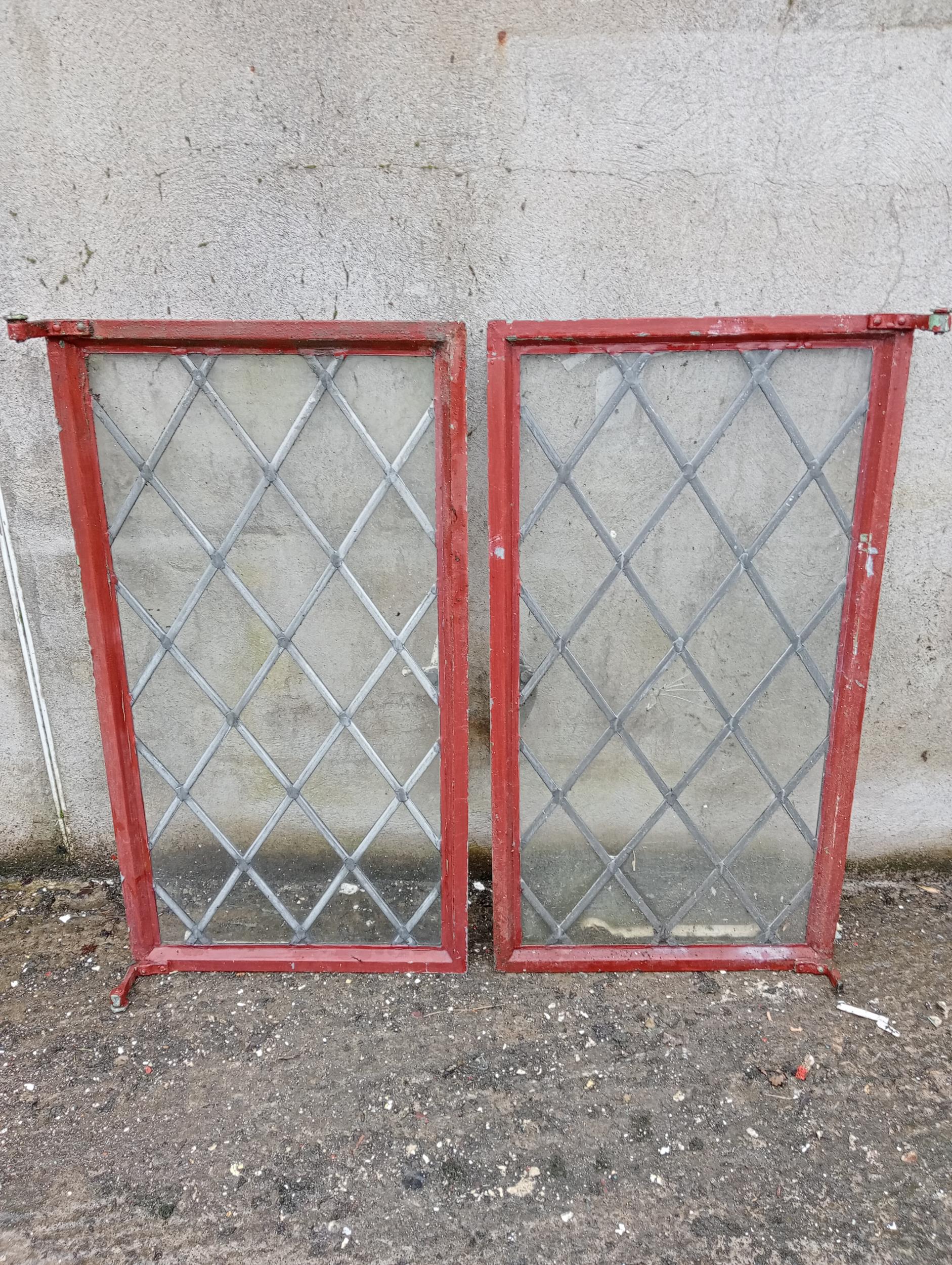 Pair of cast iron leaded glass windows {Each 123cm x W 100cm}. (NOT AVAILABLE TO VIEW IN PERSON)