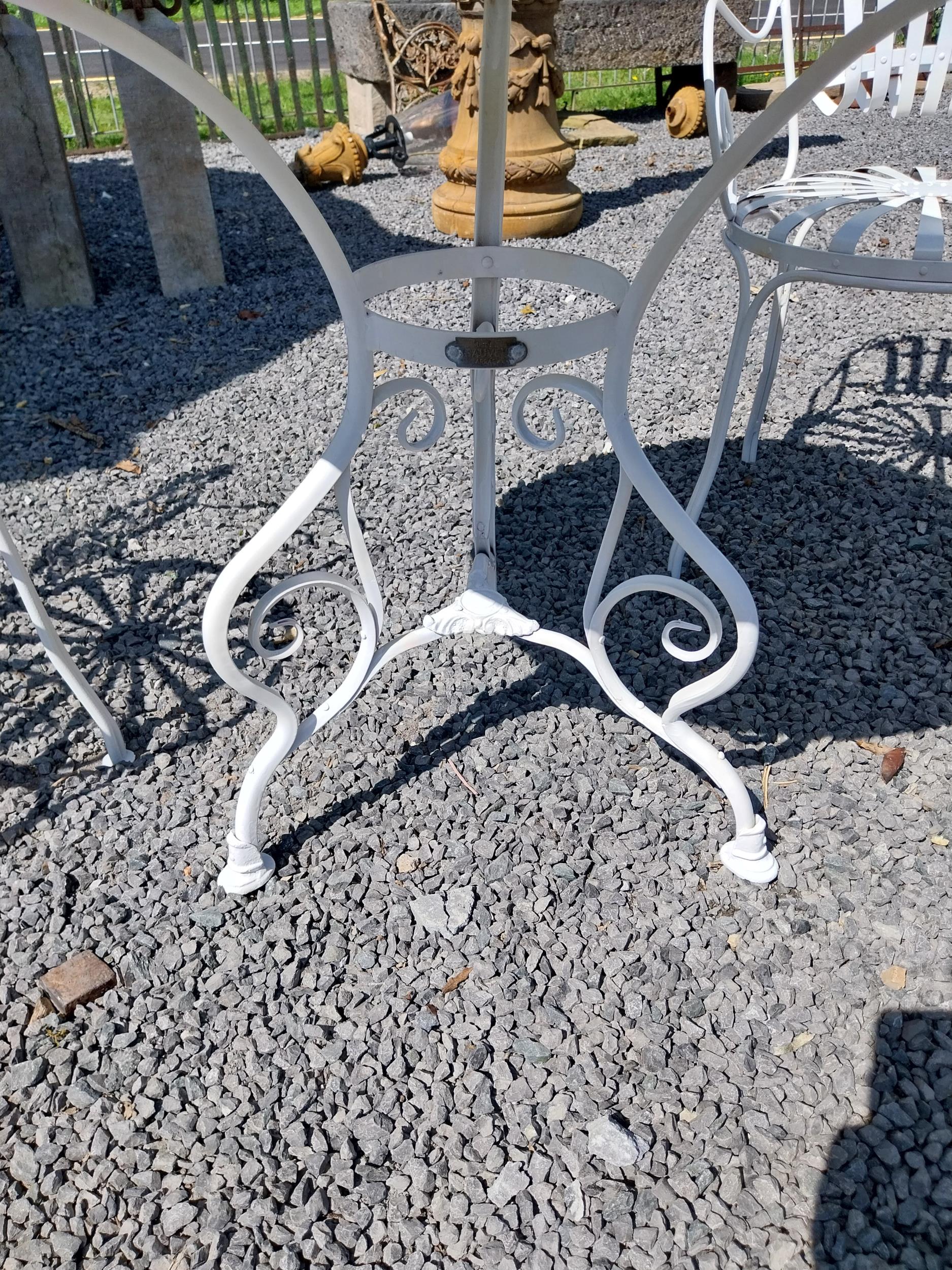 Exceptional quality hand forged wrought iron Arras style circular garden table and two matching - Image 3 of 4