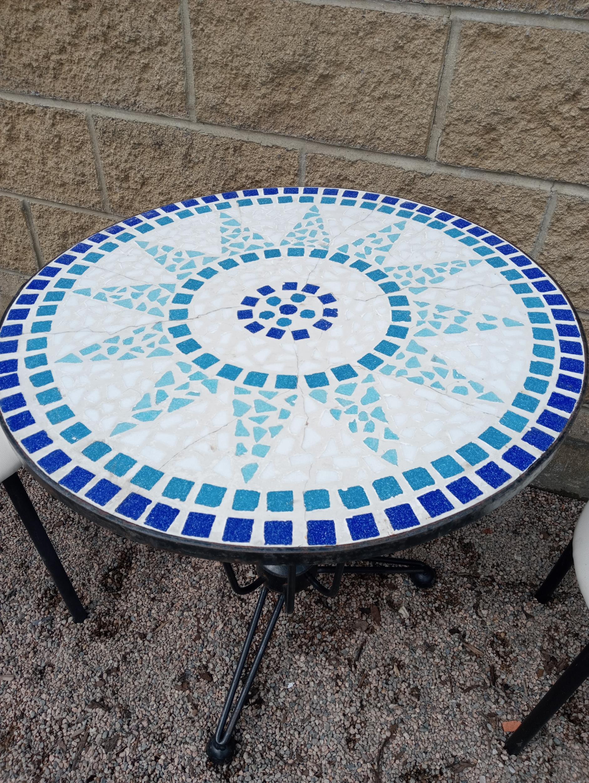 Cast iron table mosaic top and two metal chairs with leather seats {Table H 72cm x Dia 70cm Chairs H - Image 3 of 4