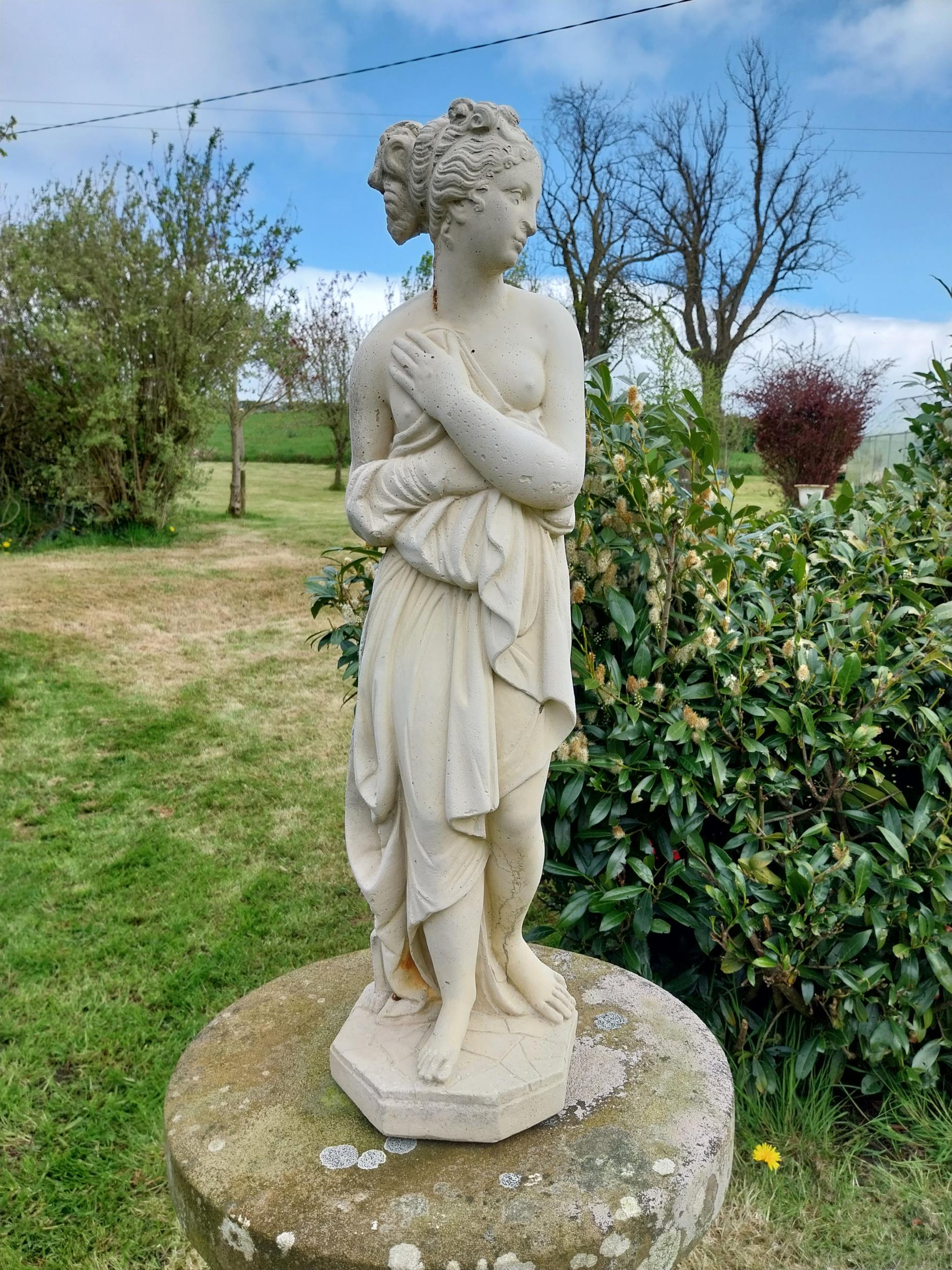 Good quality moulded stone statue of Venus {70 cm H x 20 cm W 22 cm D}.