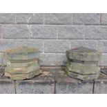 Pair of stone pier caps{H 35cm x 46 x 46 }. (NOT AVAILABLE TO VIEW IN PERSON)
