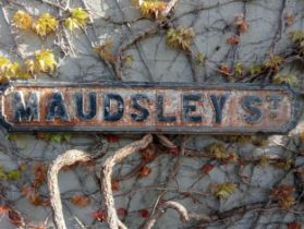 Cast iron Street sign Maudsley St {H 18cm x W 100cm }. (NOT AVAILABLE TO VIEW IN PERSON)