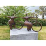 Exceptional quality contemporary bronze sculpture 'The Curvy Cyclists' {50 cm H x 104 cm W x 35 cm